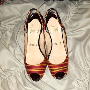 Christian Louboutin size 37   / size 7 heels red yellow mustard striped w brown